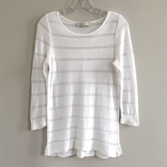 LOFT White Stripe 3/4-Sleeve Lightweight 100% Cotton Crewneck Sweater Size Small - Picture 1 of 6